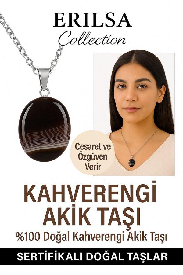 Sertifikalı Oval Kahverengi Akik Taşı Doğal Taş Kolye – Gümüş Aparatlı Denge ve Koruma Taşı - Image 1