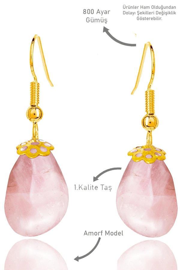 Sertifikalı Amorf Model Ham Pembe Kuvars Taşı Küpe - Gold Renkli - Image 1
