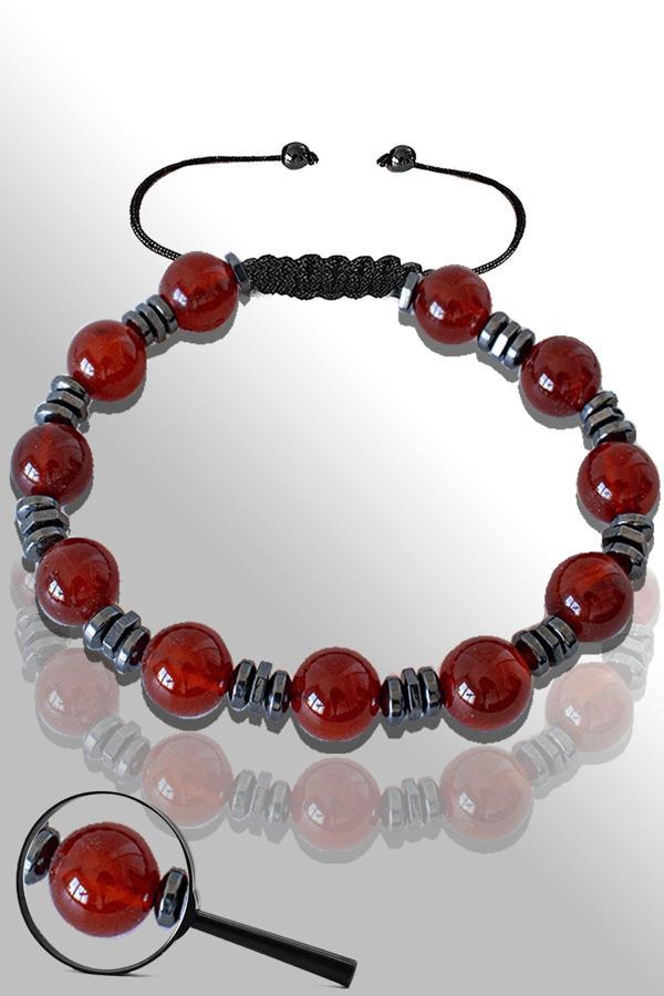 Sertifikalı Hematitli Doğal Kızıl Yemen Akik Taşı Bileklik - Ayarlamalı - Image 1