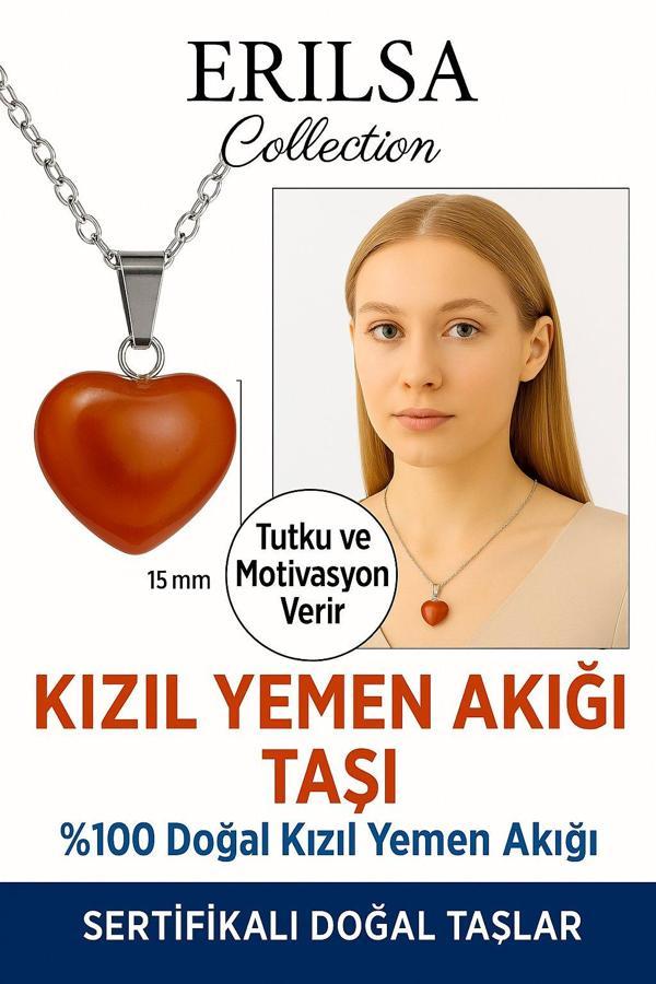 Sertifikalı Kalp Model Kızıl Yemen Akiği Kolye – Nazar ve Stresi Önleyen Doğal Taş - Image 1