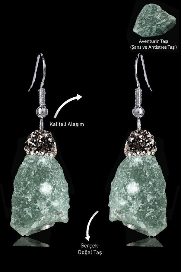 Sertifikalı Zirkon Taşlı Model Ham İşlenmemiş Aventurin Taşı Küpe - Image 1