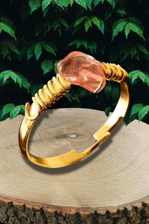 Sertifikalı Kırık Taşlı Gold Model Gül Kuvars Taşı Yüzük - Ayarlamalı - Image 1