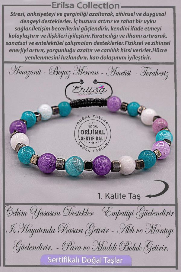 Sertifikalı AAA+ Kalite Gerçek Terahertz - Akuamarin - Ametist - Mercan Taşı Bileklik - Image 1