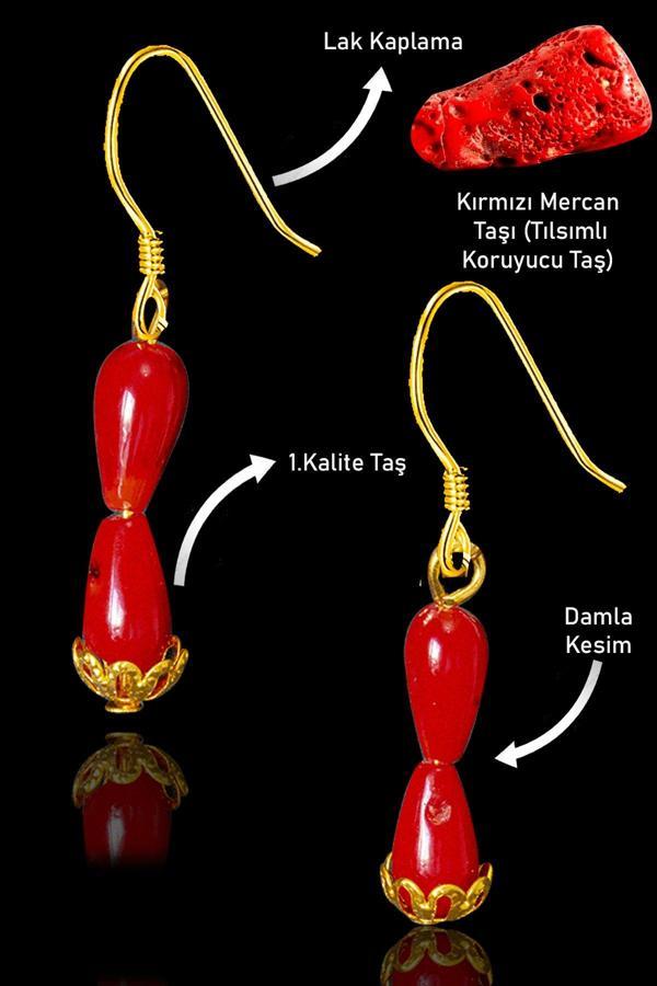 Sertifikalı 24k Altın Kaplama Damla Model Gerçek Kırmızı Mercan Taşı Küpe - Image 1