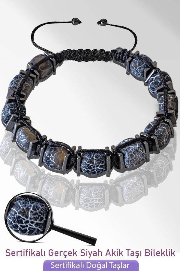 Sertifikalı Küp Model Doğal Ham Siyah Akik Taşı Bileklik - Ayarlamalı - Image 1