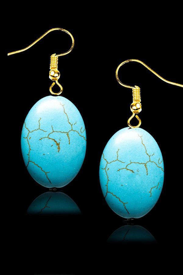 Sertifikalı Gold Oval Model Gerçek Firuze Taşı Küpe (Turkuaz Taşı) - Image 1