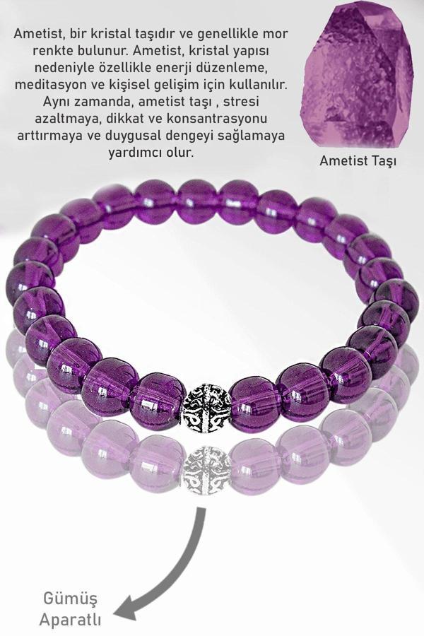 Sertifikalı AAA+ Şeffaf Mor Ametist Taşı Bileklik - Gümüş Aparatlı - Image 1