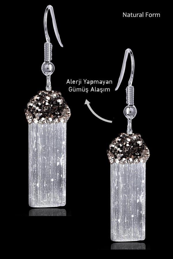 Sertifikalı Zirkon Taşlı Model Ham İşlenmemiş Selenit Taşı Küpe - Image 1
