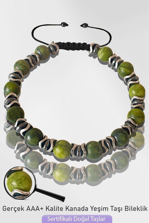 Sertifikalı Silver Hematitli 6mm Doğal Kanada Yeşim Taşı Bileklik - Ayarlamalı - Image 1