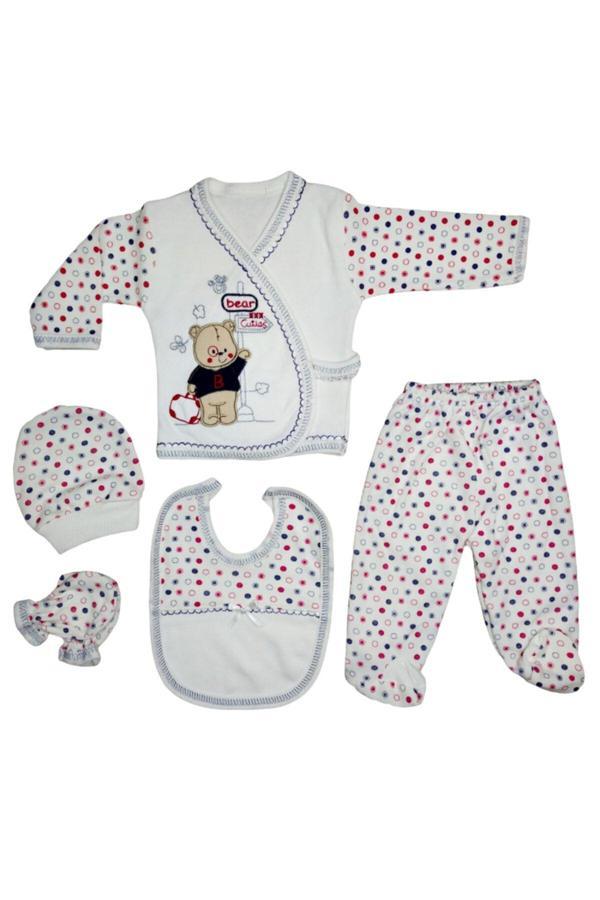 Hece Bebe Sevimli Ayıcık Işlemeli 5 Parça Yenidoğan Hastane Çıkışı Seti - Image 1