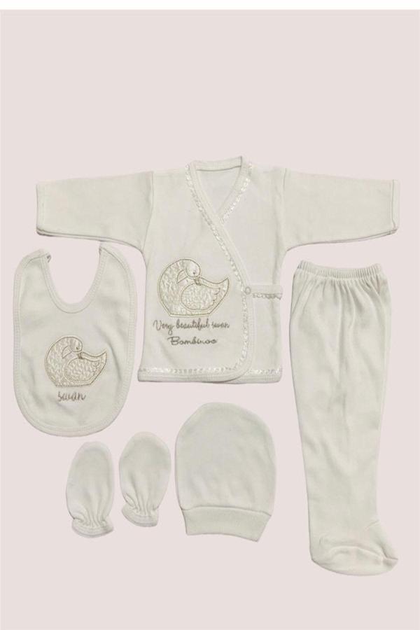 Bombino O Bebe 5Li Kuğu Nakışlı Hastane Çıkışı Yenidoğan Zıbın Set - Image 1