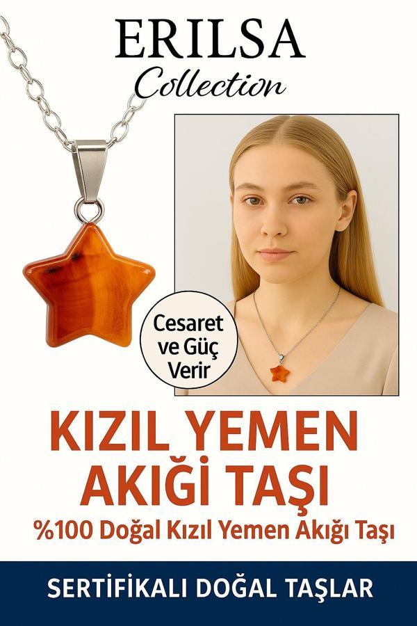 Sertifikalı Yıldız Kesim Kızıl Yemen Akiği Kolye – Nazar ve Stres Karşıtı Doğal Taş - Image 1