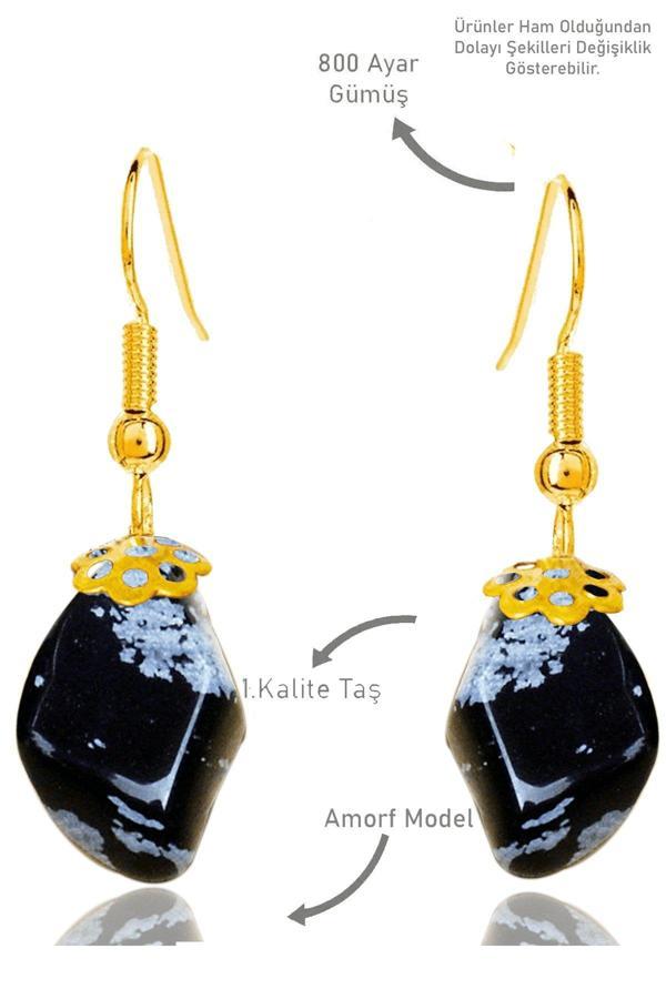 Sertifikalı Amorf Model Ham Karlı Obsidyen Taşı Küpe - Gold Renkli - Image 1