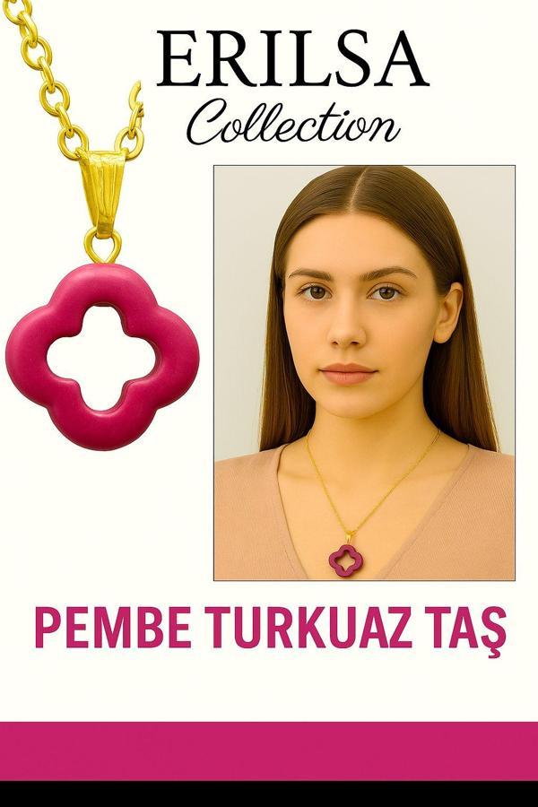 Sertifikalı Gold Yonca Model Pembe Turkuaz Taşı Kolye Duygusal Denge Sağlar - Image 1