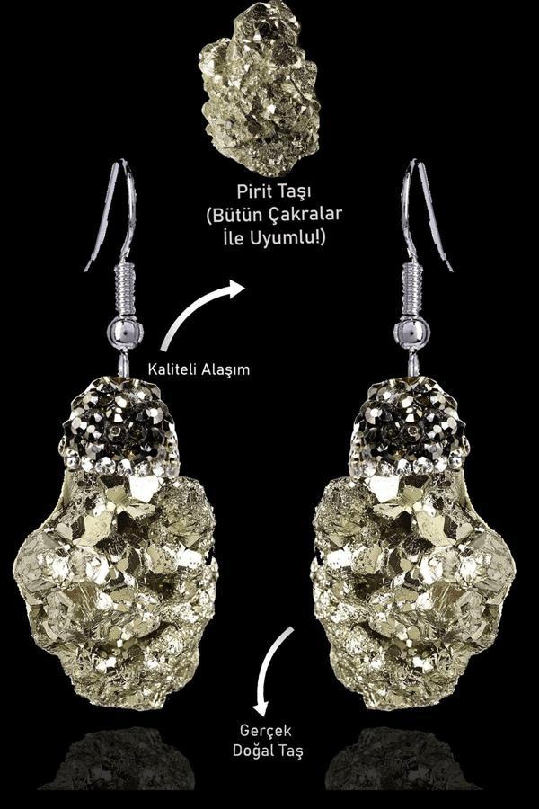 Sertifikalı Zirkon Taşlı Model Ham İşlenmemiş Pirit Taşı Küpe - Image 1