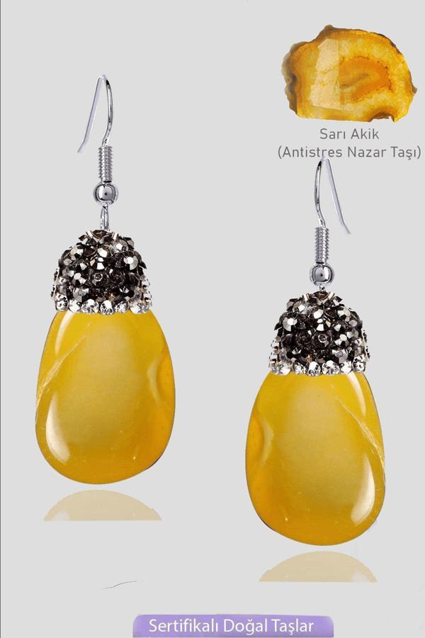 Sertifikalı Zirkon Taşlı Model Ham Sarı Akik Taşı Küpe - Image 1