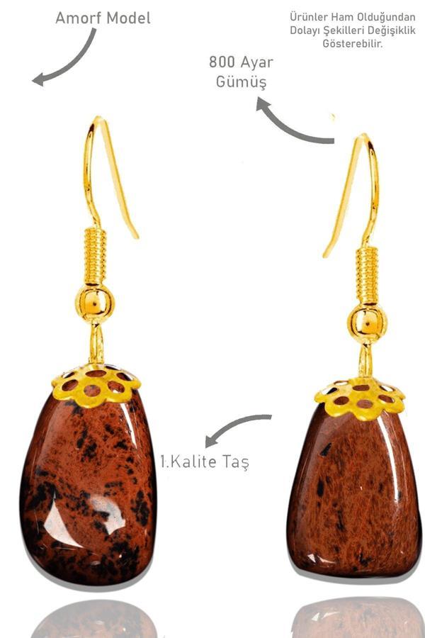 Sertifikalı Amorf Model Ham Kahverengi Obsidyen Taşı Küpe - Gold Renkli - Image 1