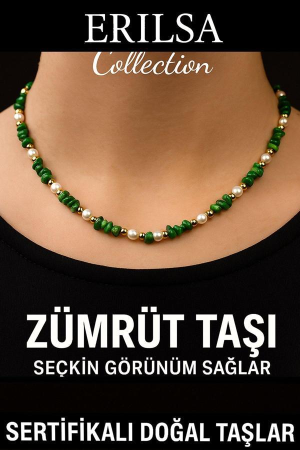 Sertifikalı Kırık Taşlı Model İnci - Zümrüt Taşı Kolye - Image 1