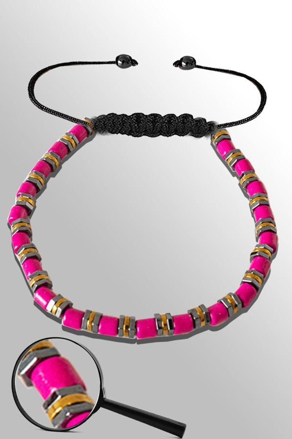 Sertifikalı Silver Gold Hematitli Pembe Sedef Taşı Bileklik - Ayarlamalı - Image 1