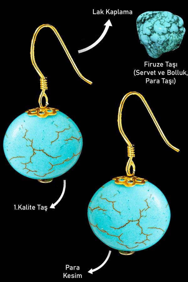 Sertifikalı 24k Altın Kaplama Para Model Firuze Taşı Küpe (Turkuaz Taşı) - Image 1