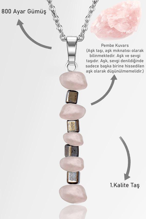 Sertifikalı AAA+ Kırık Taşlı Model Pembe Kuvars Taşı Kolye - Açık Renkli - Image 1