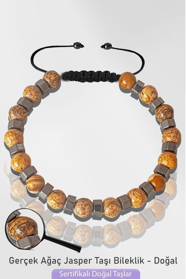 Sertifikalı Silver Hematitli Toprak Ağaç Kahverengi Jasper Taşı Bileklik - Ayarlamalı - Image 1