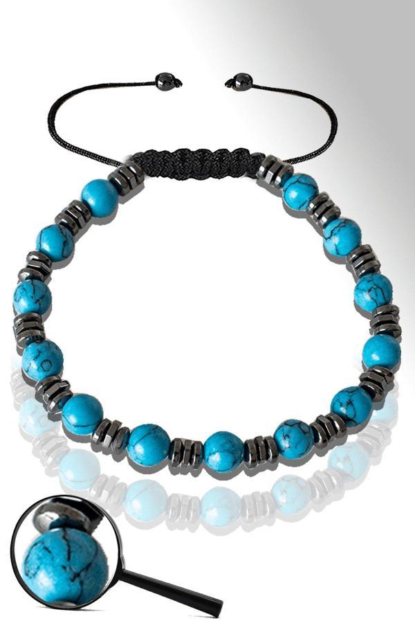 Sertifikalı Silver Hematitli 6mm Doğal Firuze Bileklik - Ayarlamalı - Image 1