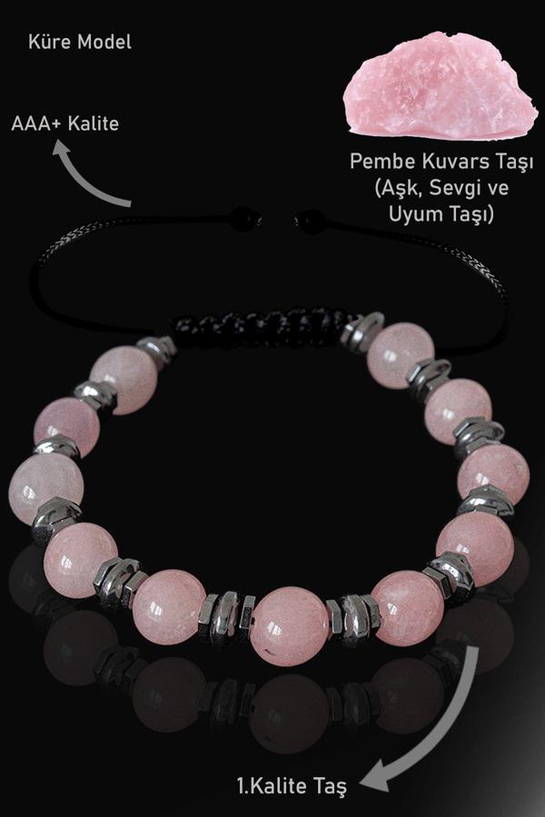 Sertifikalı Gerçek Hematit - Pembe Kuvars Taşı Bileklik - Image 1