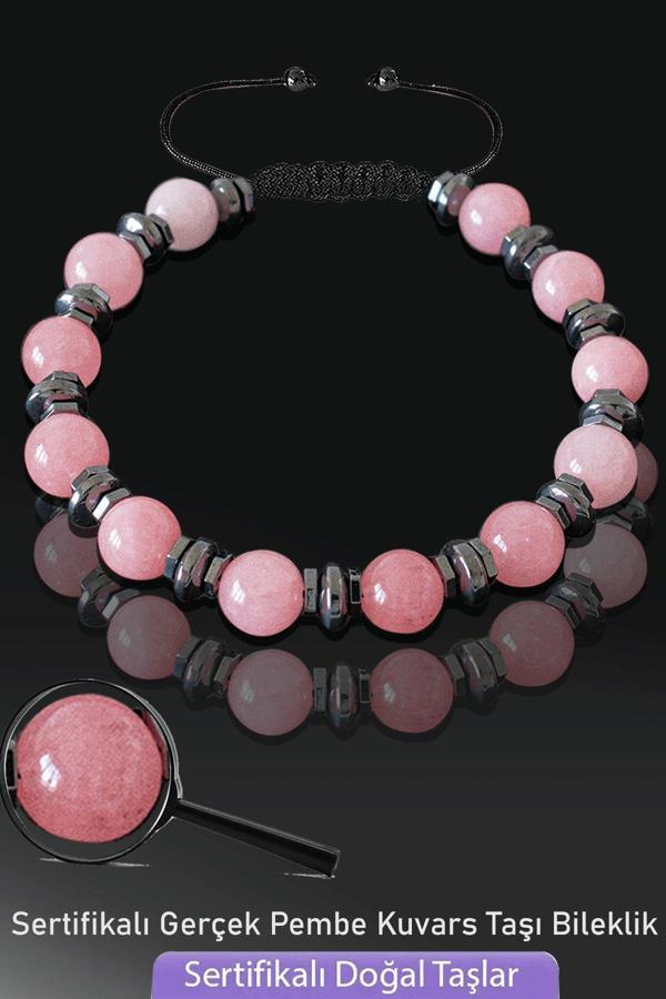 Sertifikalı Gerçek Pembe Kuvars Taşı Bileklik - Ayarlamalı - Image 1
