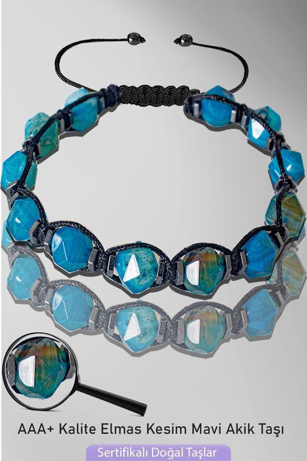 Sertifikalı AAA+ Hematitli Elmas Kesim Mavi Akik Taşı Bileklik - Ayarlamalı - Image 1