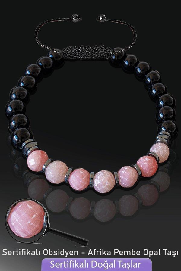  Sertifikalı Doğal Obsidyen - Afrika Pembe Opal Taşı Bileklik - Ayarlamalı - Image 1