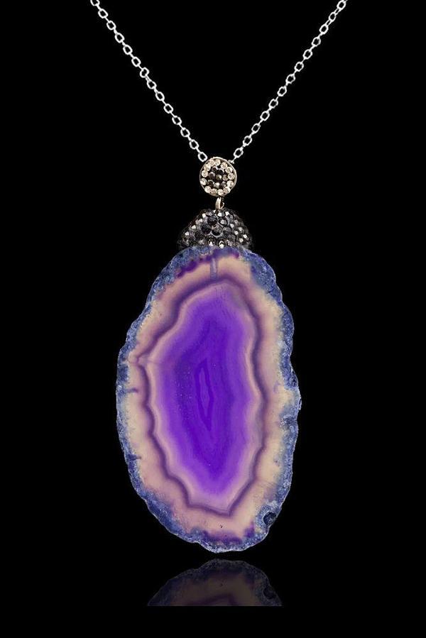 Sertifikalı Zirkon Taşlı Plaka Mor Akik Taşı Kolye - Image 1