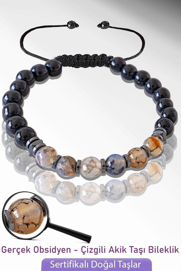 Sertifikalı Gerçek Doğal Obsidyen - Çizgili Akik Taşı Bileklik - Ayarlamalı - Image 1