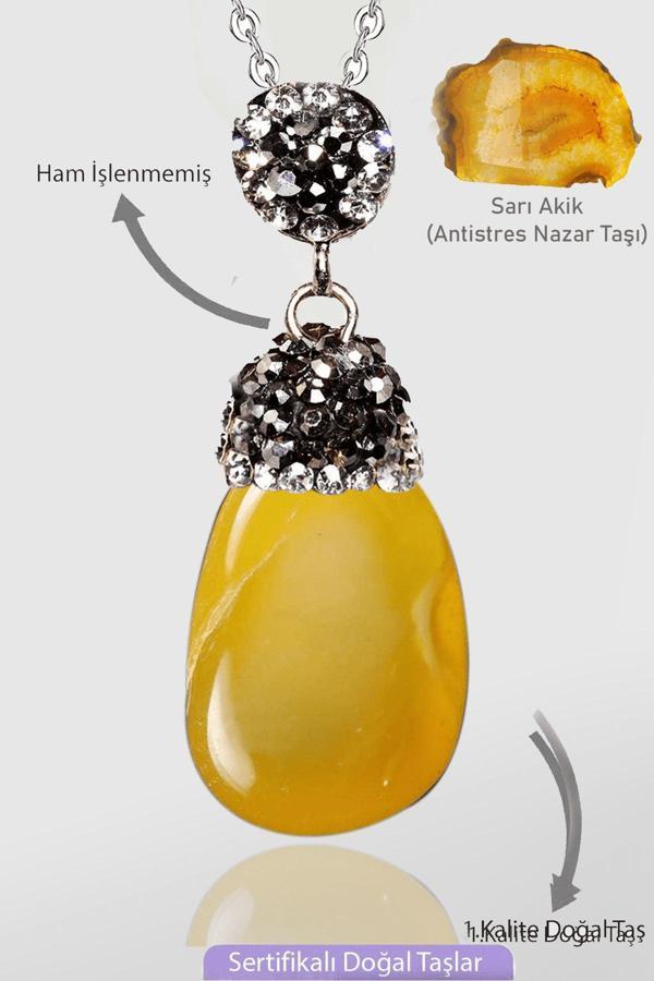 Sertifikalı Zirkon Taşlı Model Ham Sarı Akik Taşı Kolye - Image 1