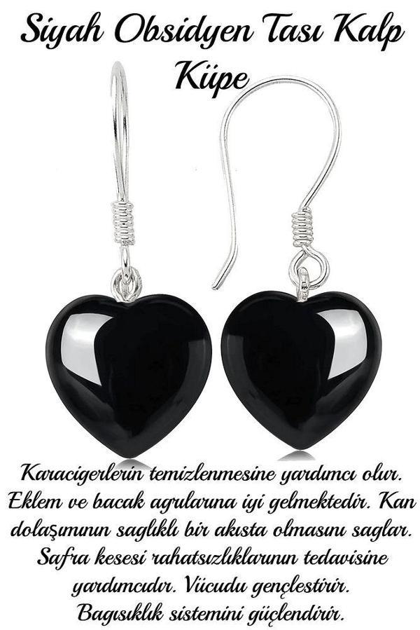 Sertifikalı Kalp Kesim Siyah Obsidyen Taşı Doğal Taş Küpe - Image 1