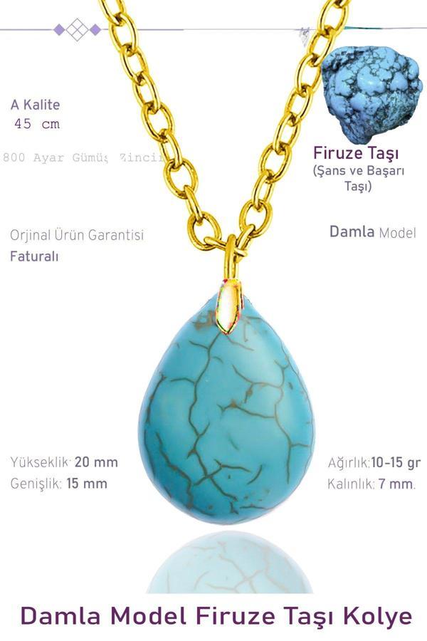 Sertifikalı Damla Model Gerçek Firuze Taşı Kolye - 24k Altın Kaplama - Image 1