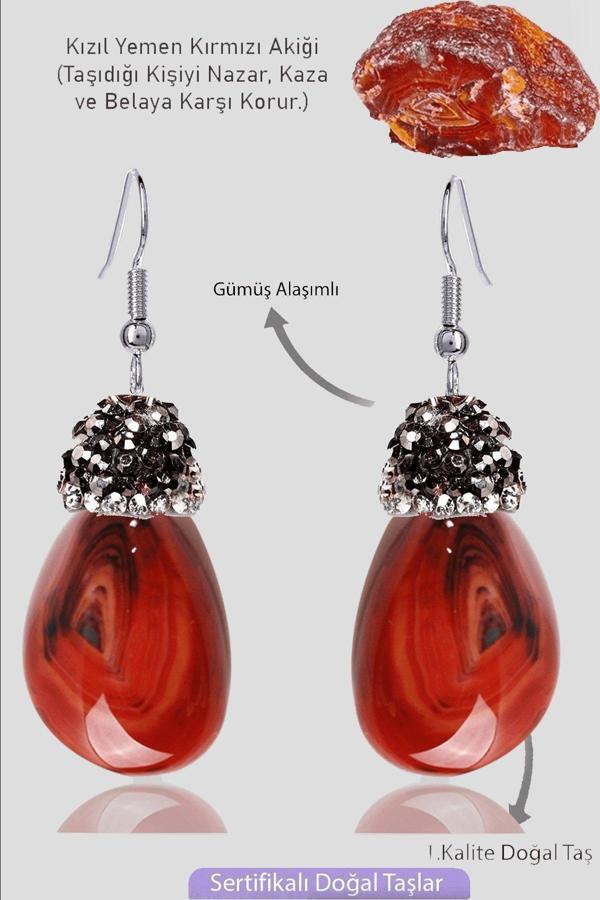 Sertifikalı Zirkon Taşlı Model Ham Yemen Kızıl Akik Taşı Küpe - Image 1