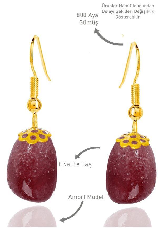 Sertifikalı Amorf Model Çilek Kuvars Taşı Küpe - Gold Renkli - Image 1