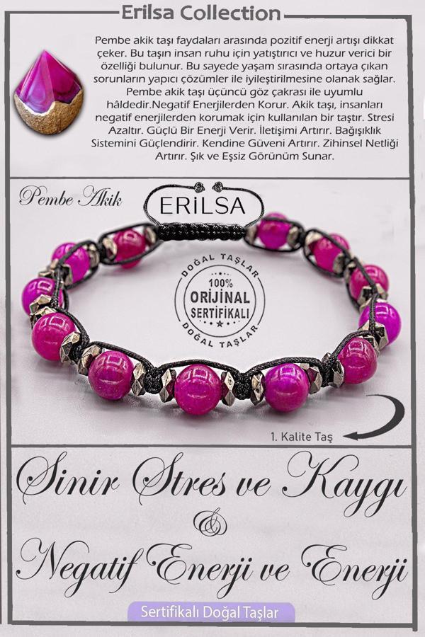 Sertifikalı AAA+ Kalite Doğal Pembe Akik Taşı Bileklik - Stresi Sil Sevgi ve Huzuru Hisset - Image 1