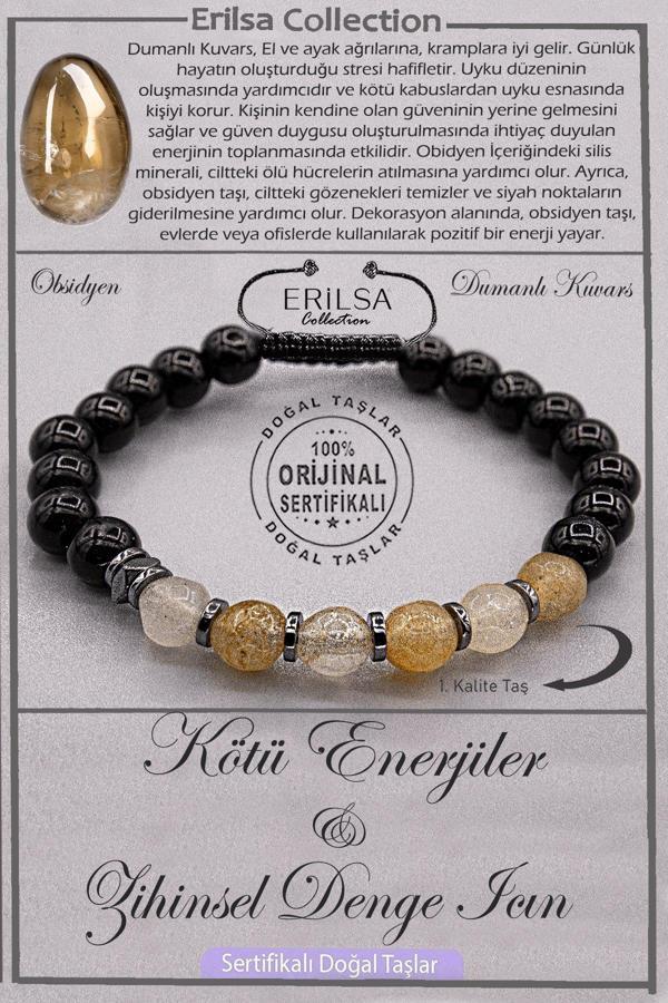 Sertifikalı AAA+ Kalite Obsidyen - Dumanlı Kuvars Şifa Bilekliği – Enerji ve Zihinsel Denge İçin - Image 1