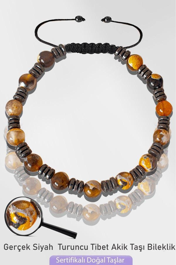 Sertifikalı Silver Hematitli Doğal Siyah Turuncu Akik Taşı Bileklik - Tibet Akiği - Image 1