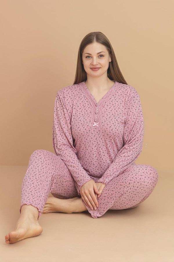 Pijamerry Kadın Büyük Beden Dantel Yaka Bambu Uzun Kol İnce Pijama Takımı 5920- 1 Adet - Image 1