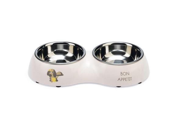 Beeztees Köpek İkili Mama ve Su Kabı, Paslanmaz Çelik, Pudra Pembe, 27x14cm, 2x160ml - Image 1