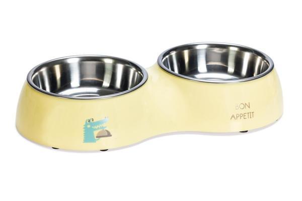 Beeztees Köpek İkili Mama ve Su Kabı, Paslanmaz Çelik, Sarı, 34x17,5cm, 2x350ml - Image 1
