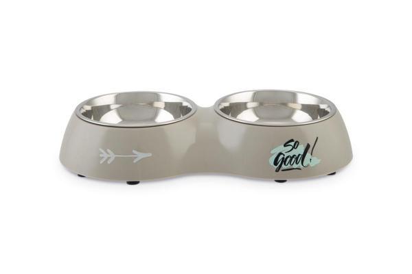 Beeztees Köpek İkili Mama ve Su Kabı, Paslanmaz Çelik, Gri, 34x17,5cm, 2x350ml - Image 1