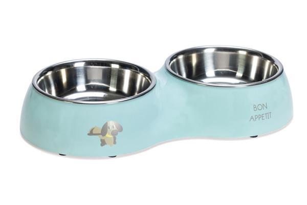 Beeztees Köpek İkili Mama ve Su Kabı, Paslanmaz Çelik, Turkuaz, 34x17,5cm, 2x350ml - Image 1