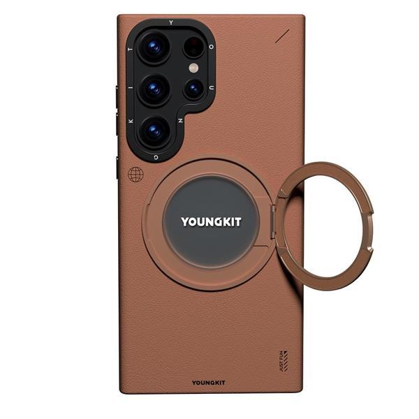 Galaxy S23 Ultra Kılıf M-safe Şarj Özellikli 360° Standlı Basit Mat Deri Desenli Youngkit Tech Leather Serisi Kapak - Image 1