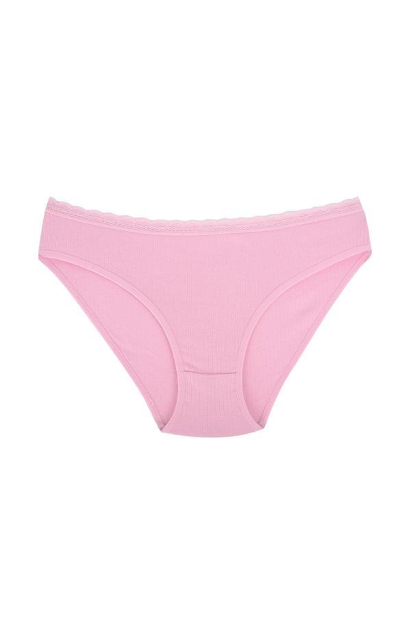 Fitilli Ribana Pamuklu Dantelli Esnek Slip Bikini Külot | Pembe - Image 1