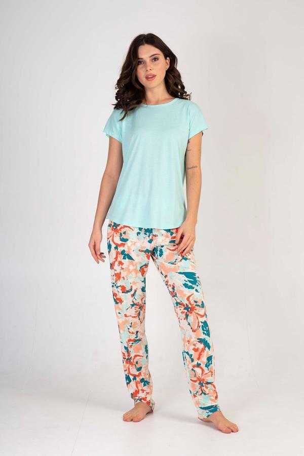  Kadın Bisiklet Yaka Kısa Kol Altı Uzun Pijama Takım | Sarı 2101038344 - Image 1