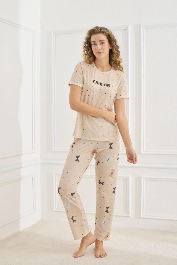 Kadın Likralı Süprem Bisiklet Yaka Pijama Takım | 70109-923 - Image 1